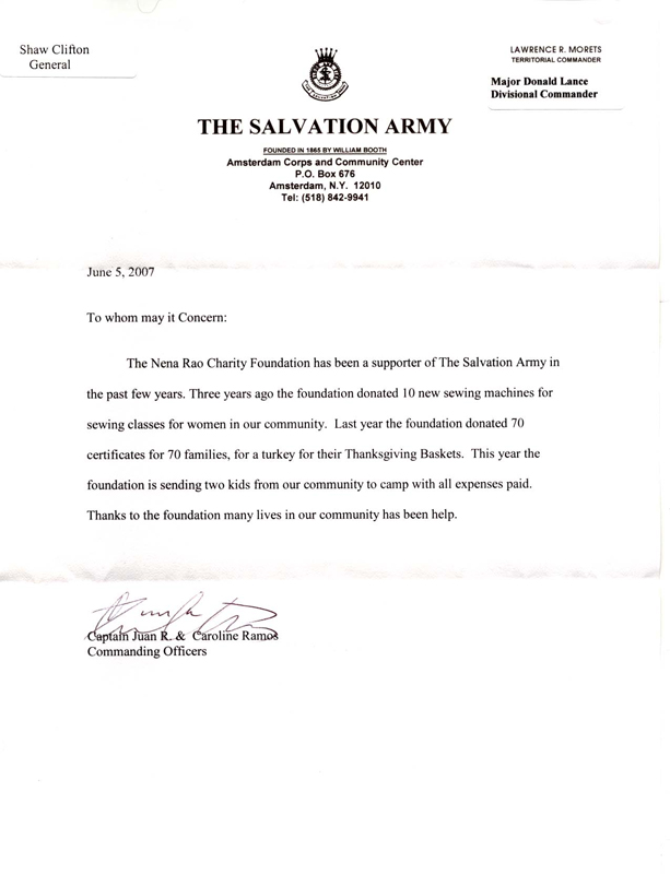 Letter from Salvation Army